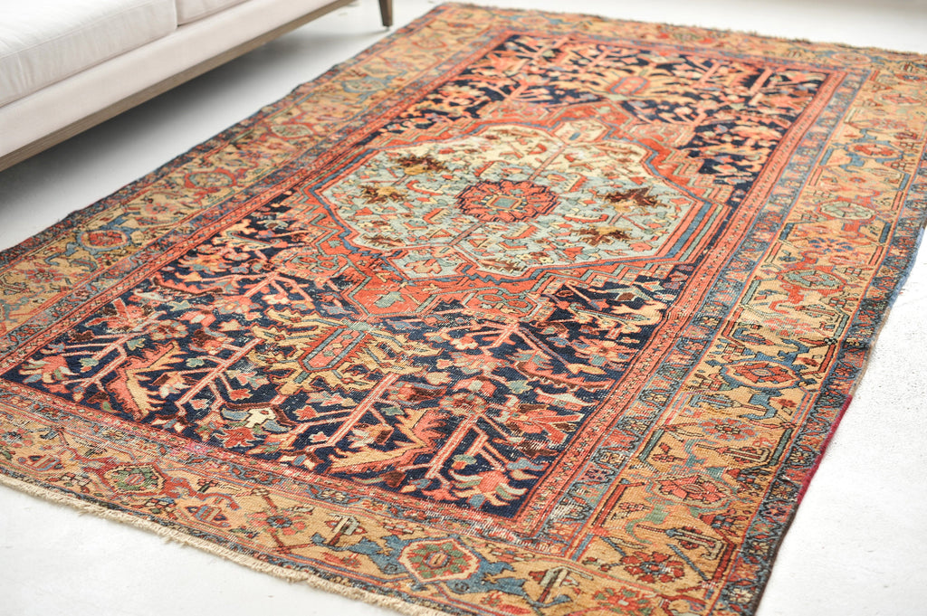 GORGEOUS Antique Heriz Rug | Rare Camel Navy Combo with Unique Medallion | 6.8 x 10.5