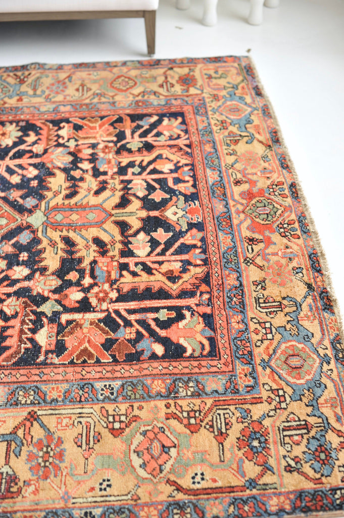 GORGEOUS Antique Heriz Rug | Rare Camel Navy Combo with Unique Medallion | 6.8 x 10.5
