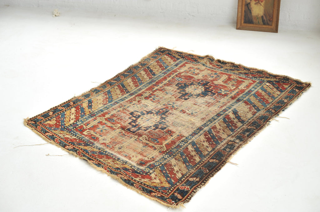 3.8 x 4.3 | Incredible Distressed Old Caucasian Antique rug | William