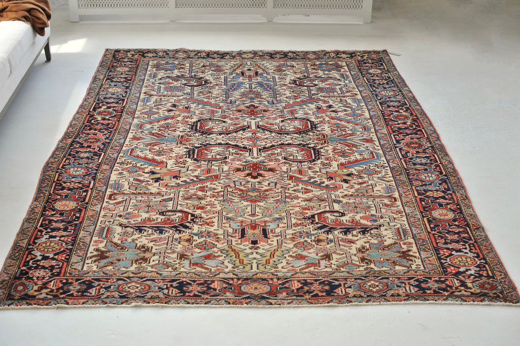 SOLD | Amazing Blooming Jungle in European Size - Vintage Rug | 7.5 x 10.10 | Unusual All-Over Ivory and Cream Tribal Rug