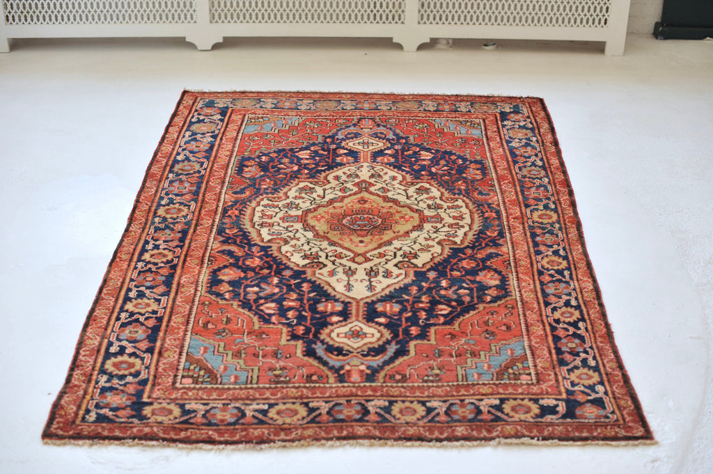 Antique Rug | 4.5 x 6.6 | Rust Pink Navy Beige French Blue BEAUTY