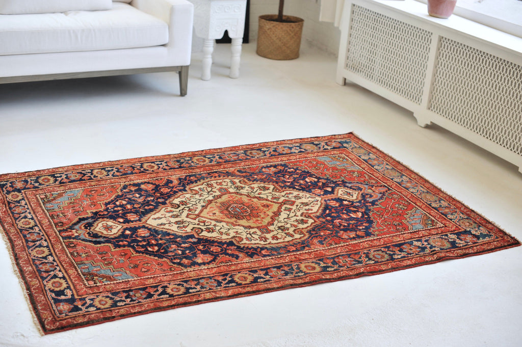 Antique Rug | 4.5 x 6.6 | Rust Pink Navy Beige French Blue BEAUTY