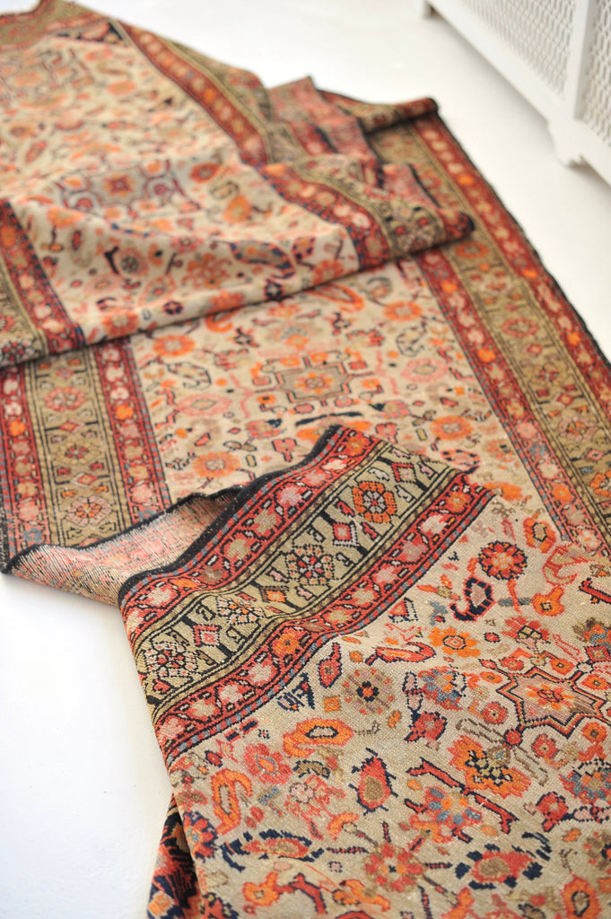 SOLD | GORGEOUS Antique Rug | LONG Ivory/Cream and Tangerine Beauty! Antique Runner | 3.6 x 19.9
