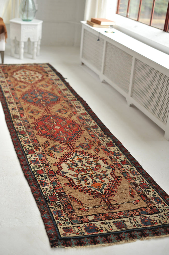Decorative Antique Runner | Colorful Camel Hair Tribal Runner with Iconic Fence Design | 3.1 x 12.8