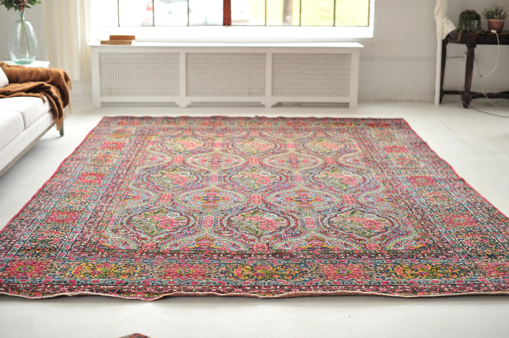 MAGNIFICENT PASTEL HUES Classical Antique Persian Kerman Lavar Carpet | INFINITELY Botanical Antique Elegant Rug | 9.5 x 13