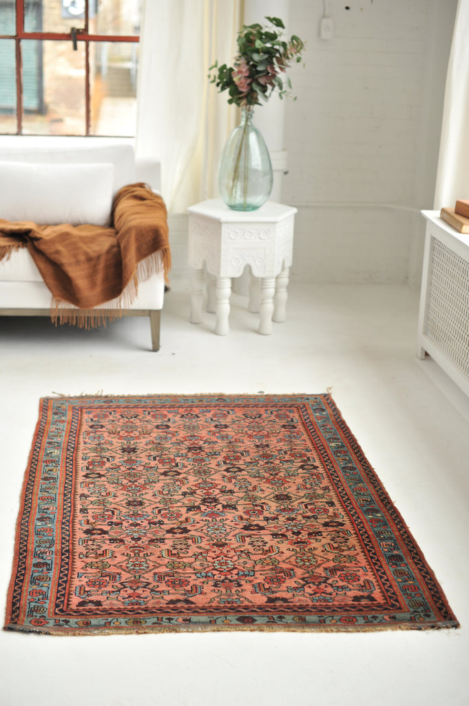 RESERVED FOR CASSANDRA*** Gorgeous Antique Rug | BEAUTIFUL Pinky Watermelon with Ice Blue Water Garden Pattern | 3.9 x 5.3