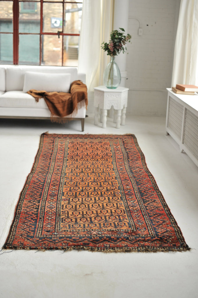 Vintage Rug | Plush Wool Apricot Boteh Design Vintage Runner | 4 x 10.4