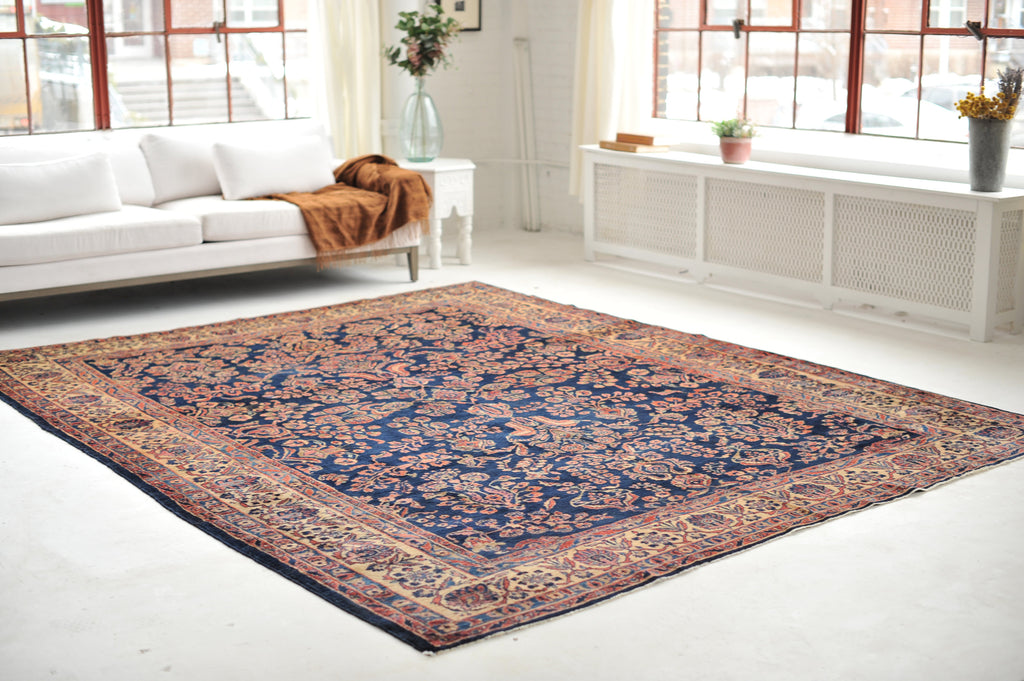 SOLD |  MASTERFUL Antique Rug | Jaw Dropping Navy & Camel Botanical GEM | 9.3 x 11.8