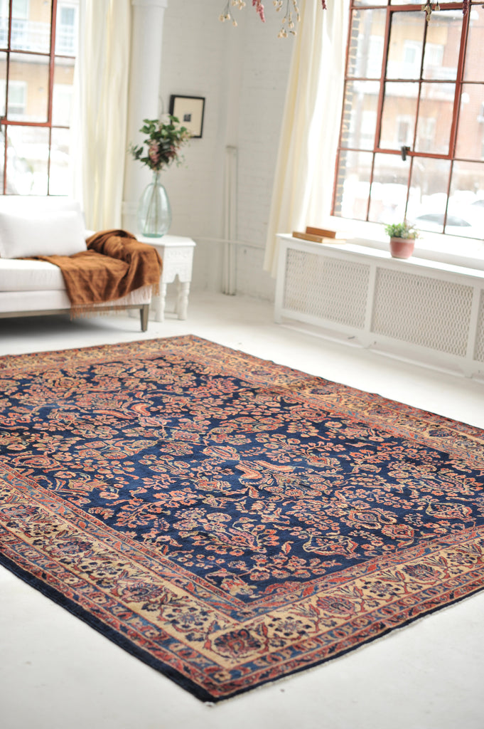 SOLD |  MASTERFUL Antique Rug | Jaw Dropping Navy & Camel Botanical GEM | 9.3 x 11.8