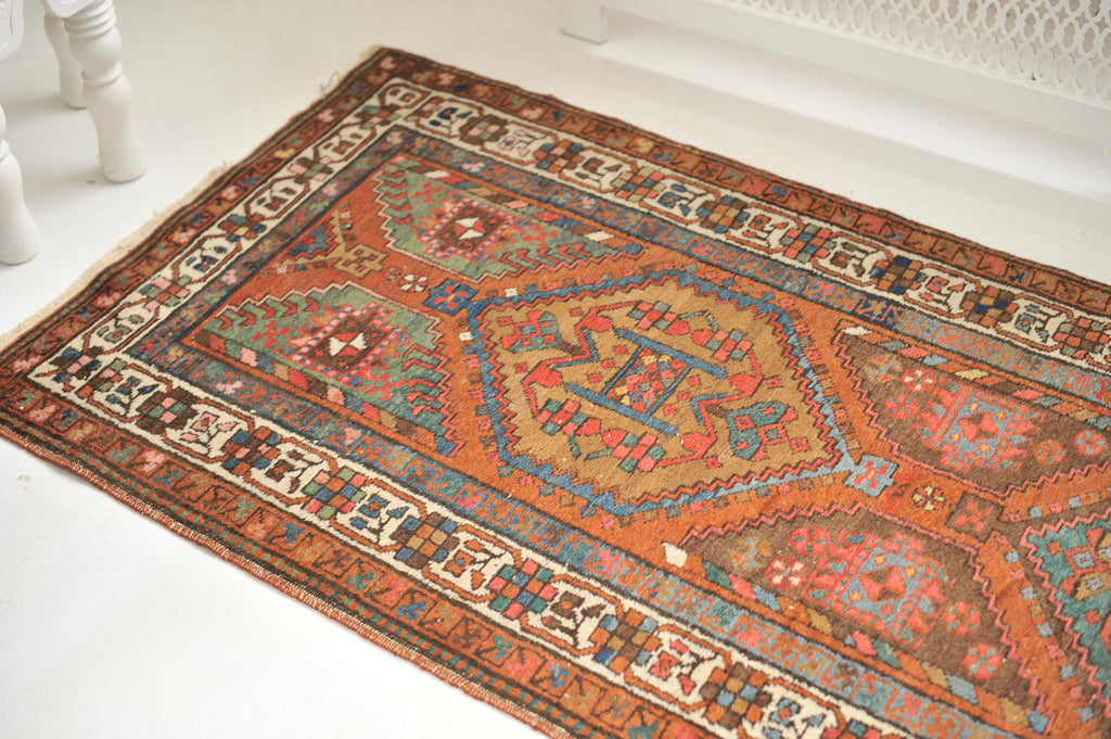 SOLD | TOP 3 Antique Runner | GORGEOUS Clay, Blues, Camel, Espresso, Teal, Green, with Geometric Design 3 x 14.5