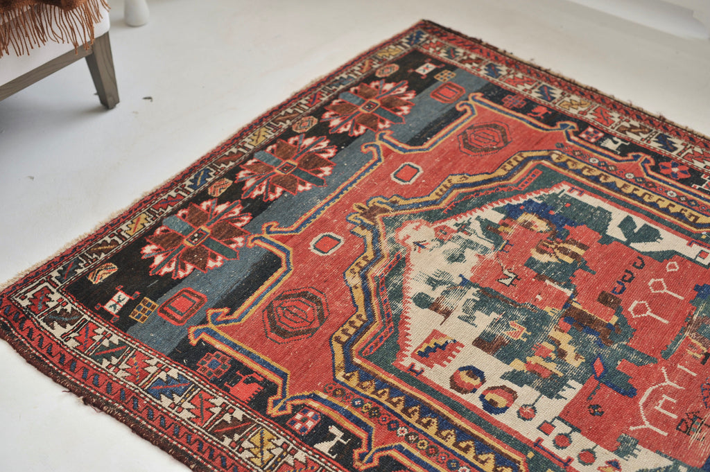 FOLKLORE Antique Rug | Wonderful Landscape Depiction Village Antique Rug | 4.6 x 6.8