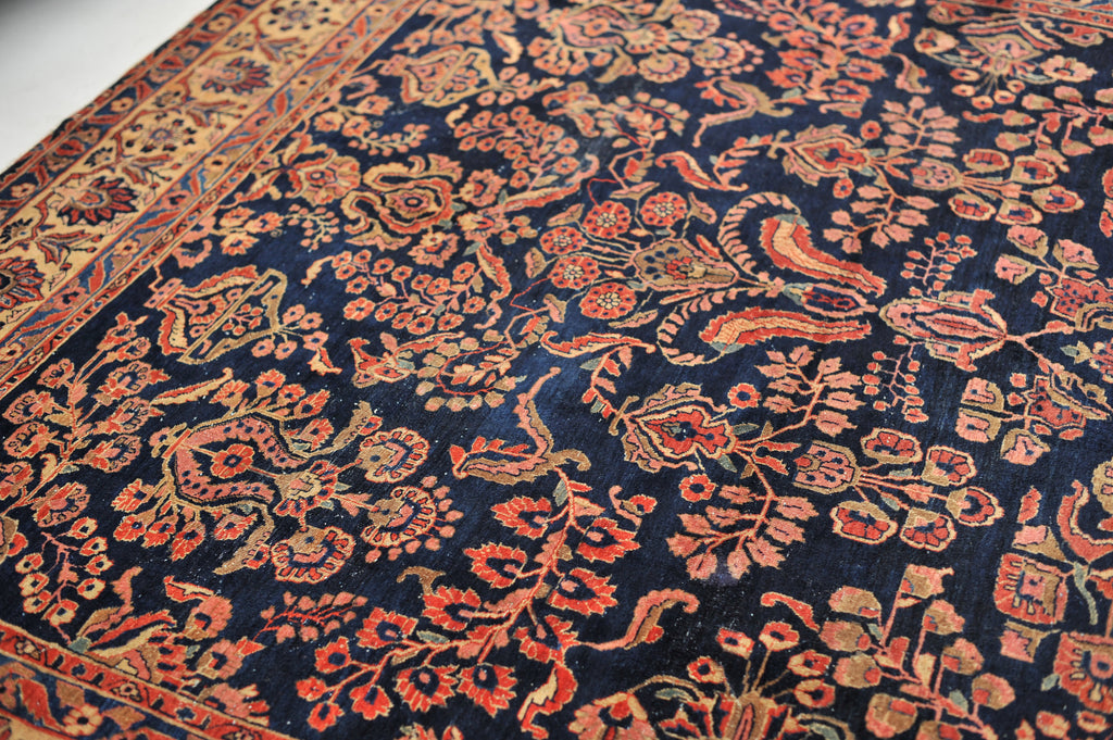 SOLD |  MASTERFUL Antique Rug | Jaw Dropping Navy & Camel Botanical GEM | 9.3 x 11.8
