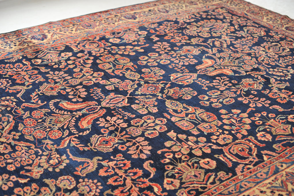 SOLD |  MASTERFUL Antique Rug | Jaw Dropping Navy & Camel Botanical GEM | 9.3 x 11.8