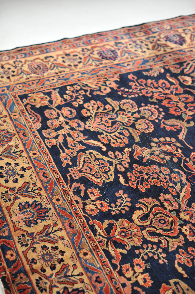 SOLD |  MASTERFUL Antique Rug | Jaw Dropping Navy & Camel Botanical GEM | 9.3 x 11.8