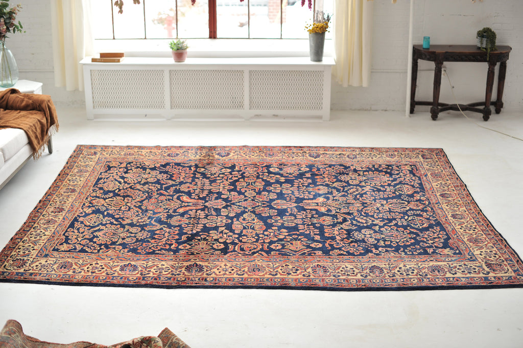 SOLD |  MASTERFUL Antique Rug | Jaw Dropping Navy & Camel Botanical GEM | 9.3 x 11.8