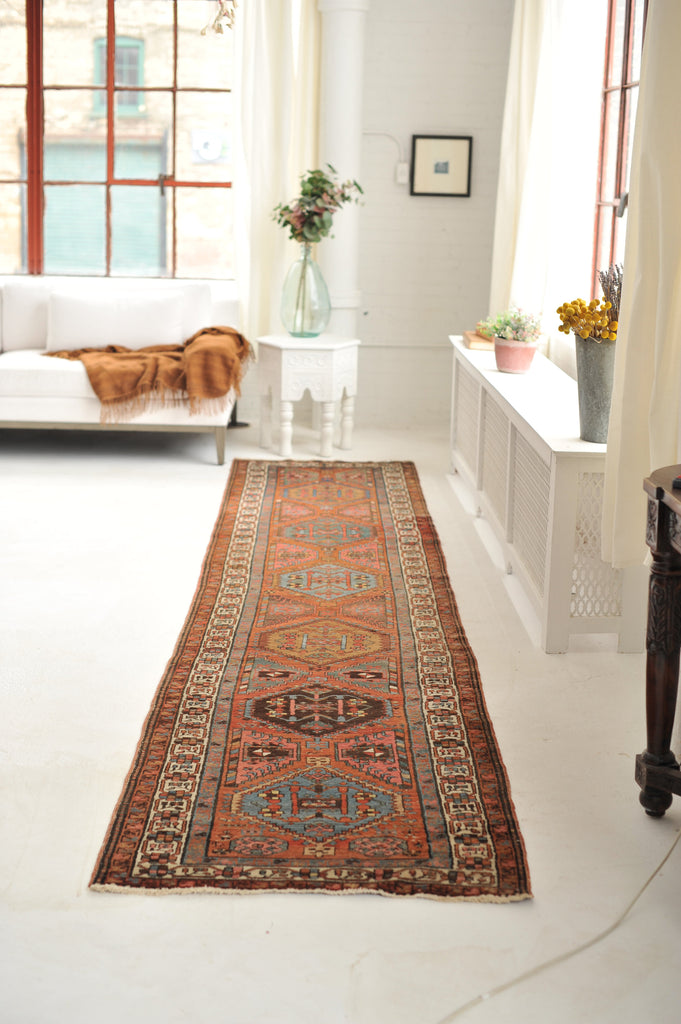 SOLD | TOP 3 Antique Runner | GORGEOUS Clay, Blues, Camel, Espresso, Teal, Green, with Geometric Design 3 x 14.5