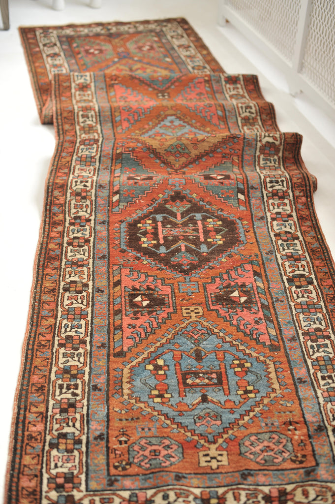 SOLD | TOP 3 Antique Runner | GORGEOUS Clay, Blues, Camel, Espresso, Teal, Green, with Geometric Design 3 x 14.5
