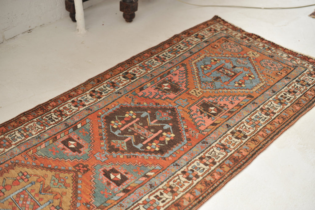 SOLD | TOP 3 Antique Runner | GORGEOUS Clay, Blues, Camel, Espresso, Teal, Green, with Geometric Design 3 x 14.5