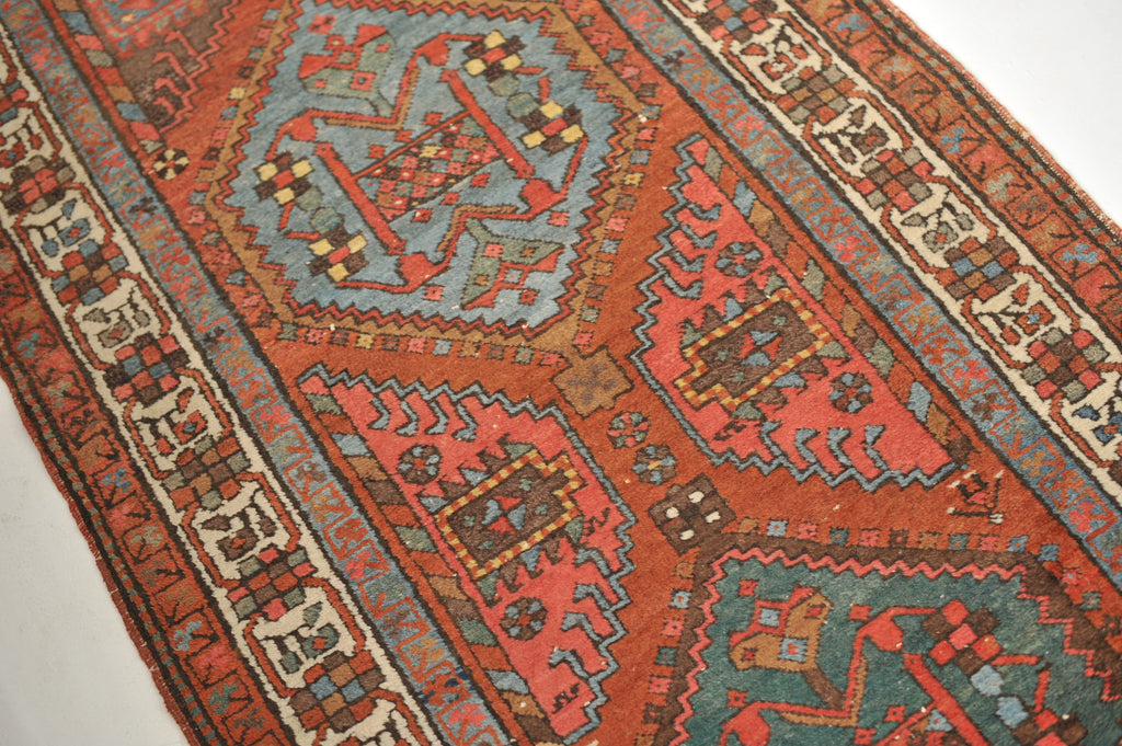 SOLD | TOP 3 Antique Runner | GORGEOUS Clay, Blues, Camel, Espresso, Teal, Green, with Geometric Design 3 x 14.5