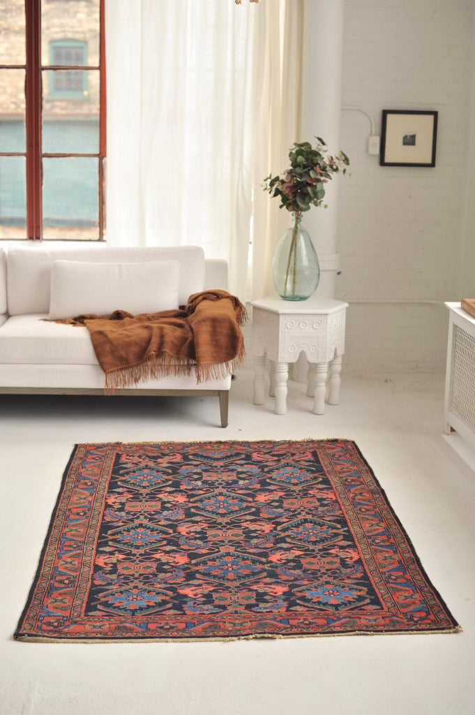 SOLD | ICONIC Water Garden Antique Rug | Infamous Herati / Fish / Water Garden Design with Pinks, Blues, Greens, and Mocha | 4.6 x 6.8