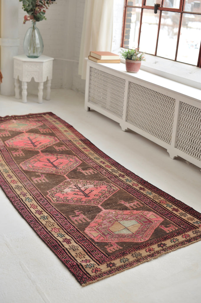 Vintage Runner | Pink, Purple, Charcoal Black Nomadic Vintage rug | ~ 3.5 x 9.8
