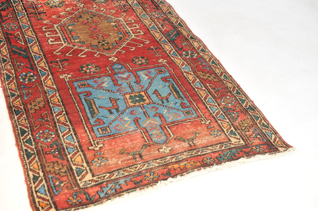 SOLD | Vintage Runner | Rich Red, Ice Blue, Forest Green, Earthy Camel Vintage Rug | 3.6 x 13.6