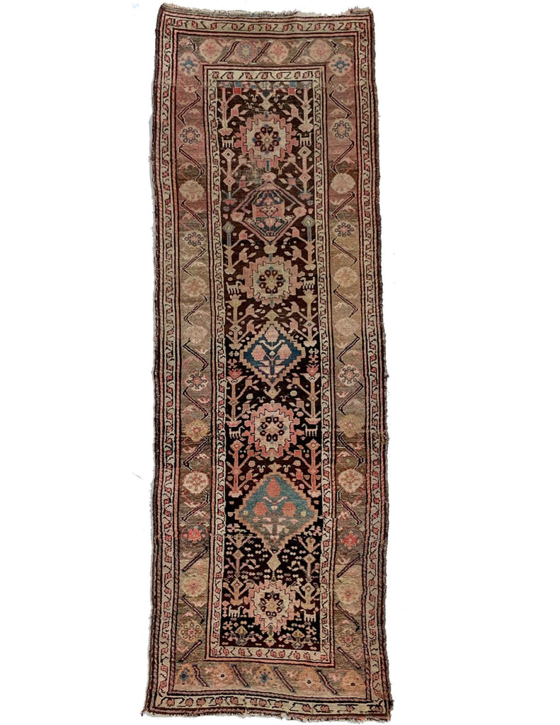 GORGEOUS Antique Runner | Charcoal Black, Taupe, Pink, & Blue Antique Tribal Runner | ~ 3 x 9.5