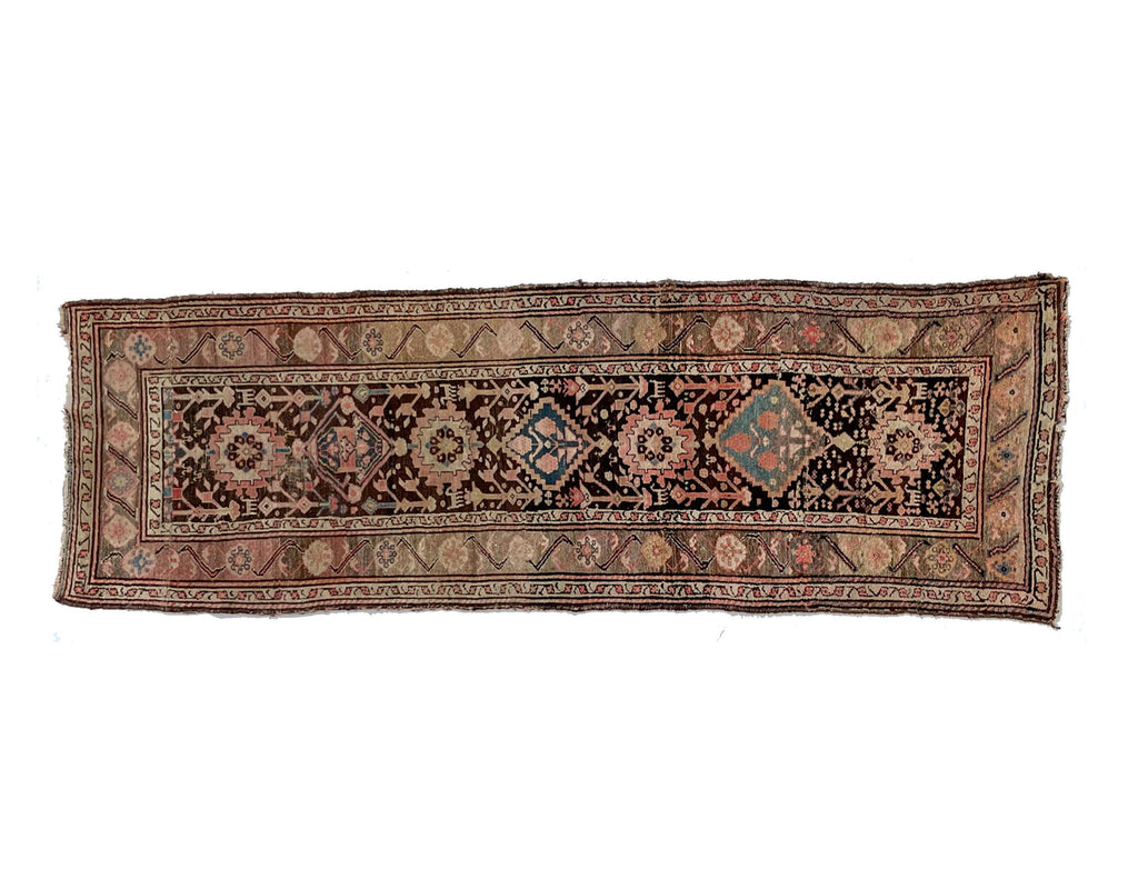 GORGEOUS Antique Runner | Charcoal Black, Taupe, Pink, & Blue Antique Tribal Runner | ~ 3 x 9.5