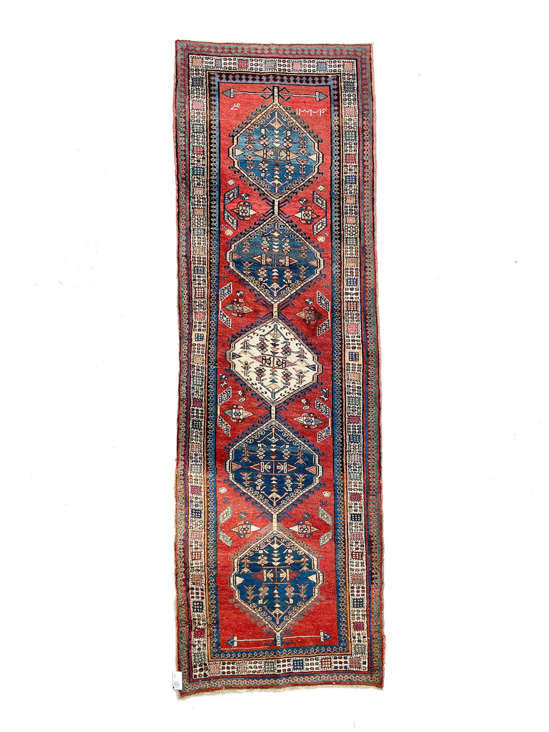 RESERVED*** Lovely Vintage Runner | Red, Blue, Camel, Teal, Beige, and Charcoal Vintage Tribal Runner | 3.7. x 11.4