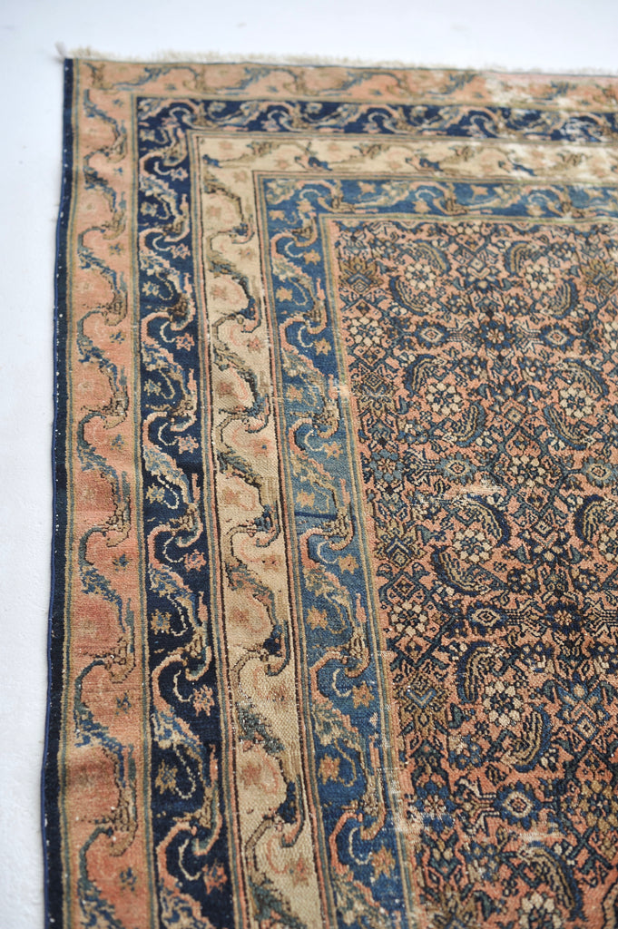 OLD WORLD Antique Rug | Ancient Pattern with Navy, Coral, Salmon, Blush and Beige | ~ 7.10 x 12.4