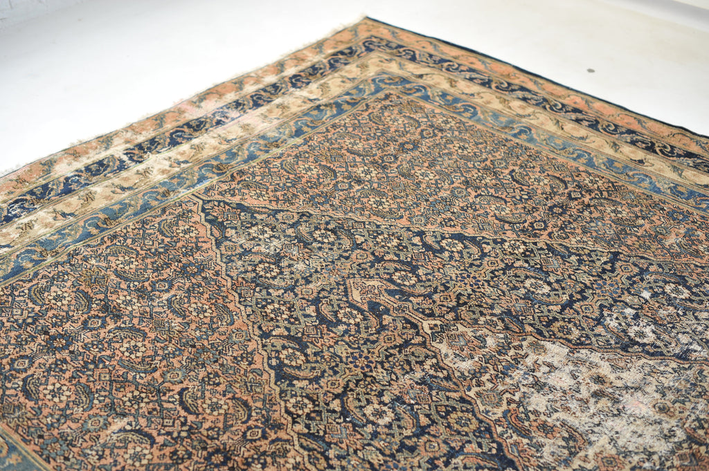 OLD WORLD Antique Rug | Ancient Pattern with Navy, Coral, Salmon, Blush and Beige | ~ 7.10 x 12.4
