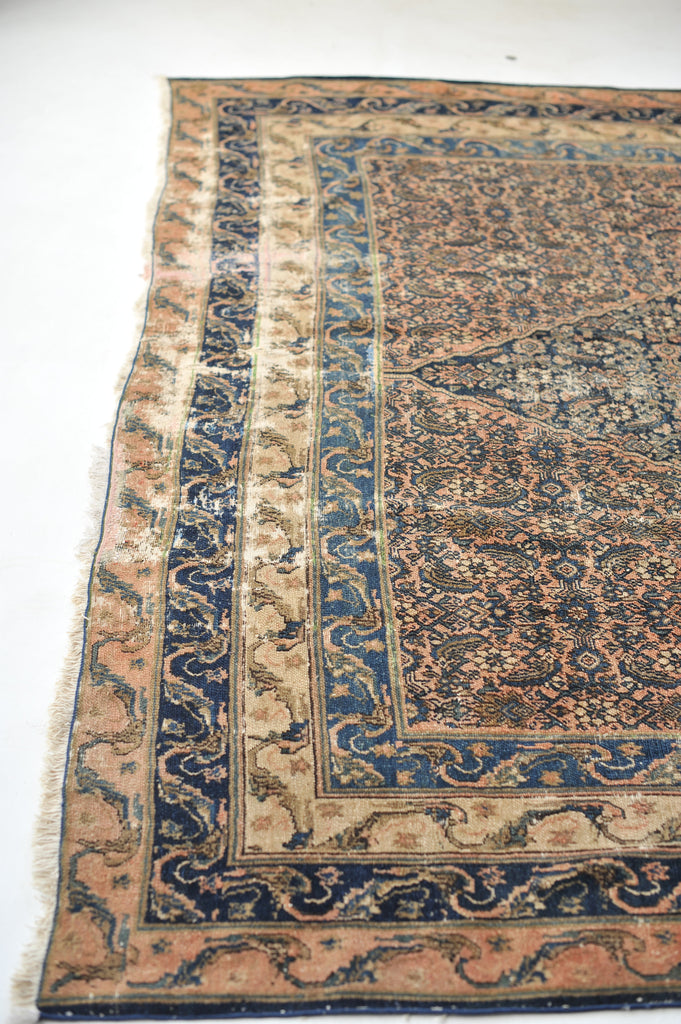 OLD WORLD Antique Rug | Ancient Pattern with Navy, Coral, Salmon, Blush and Beige | ~ 7.10 x 12.4