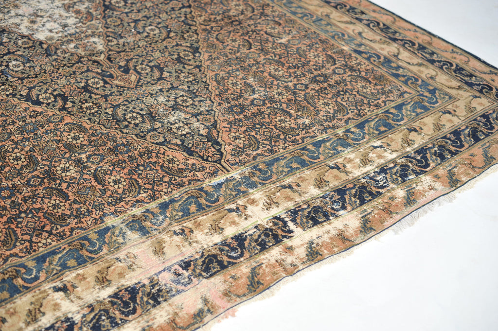 OLD WORLD Antique Rug | Ancient Pattern with Navy, Coral, Salmon, Blush and Beige | ~ 7.10 x 12.4