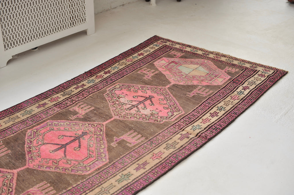 Vintage Runner | Pink, Purple, Charcoal Black Nomadic Vintage rug | ~ 3.5 x 9.8