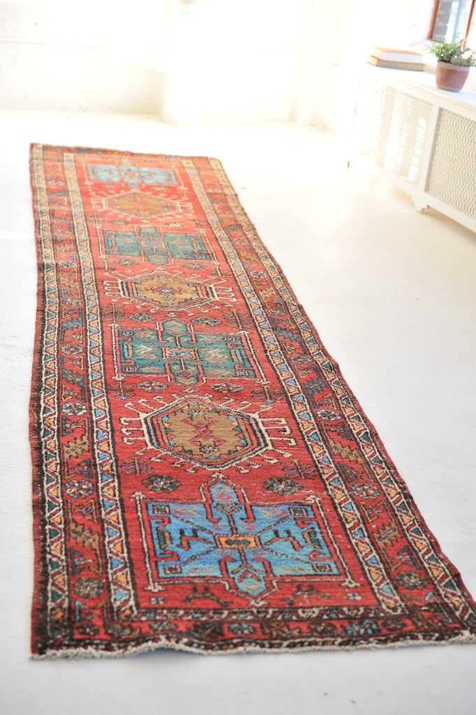 SOLD | Vintage Runner | Rich Red, Ice Blue, Forest Green, Earthy Camel Vintage Rug | 3.6 x 13.6