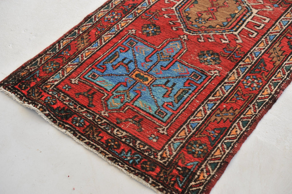 SOLD | Vintage Runner | Rich Red, Ice Blue, Forest Green, Earthy Camel Vintage Rug | 3.6 x 13.6