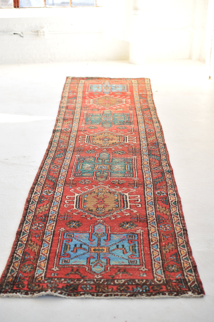 SOLD | Vintage Runner | Rich Red, Ice Blue, Forest Green, Earthy Camel Vintage Rug | 3.6 x 13.6