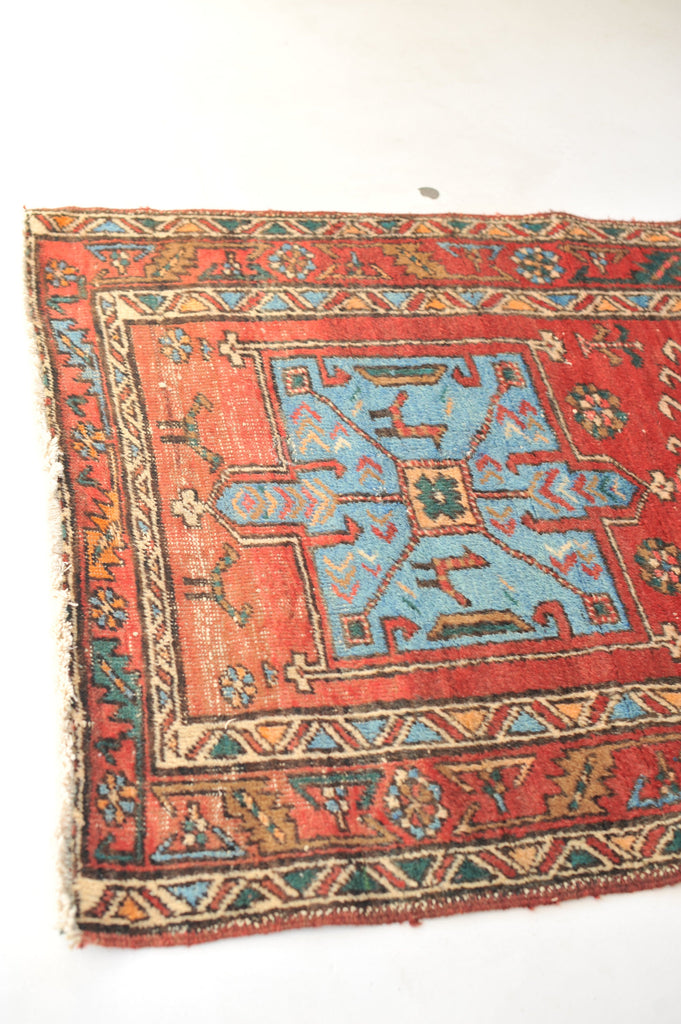 SOLD | Vintage Runner | Rich Red, Ice Blue, Forest Green, Earthy Camel Vintage Rug | 3.6 x 13.6