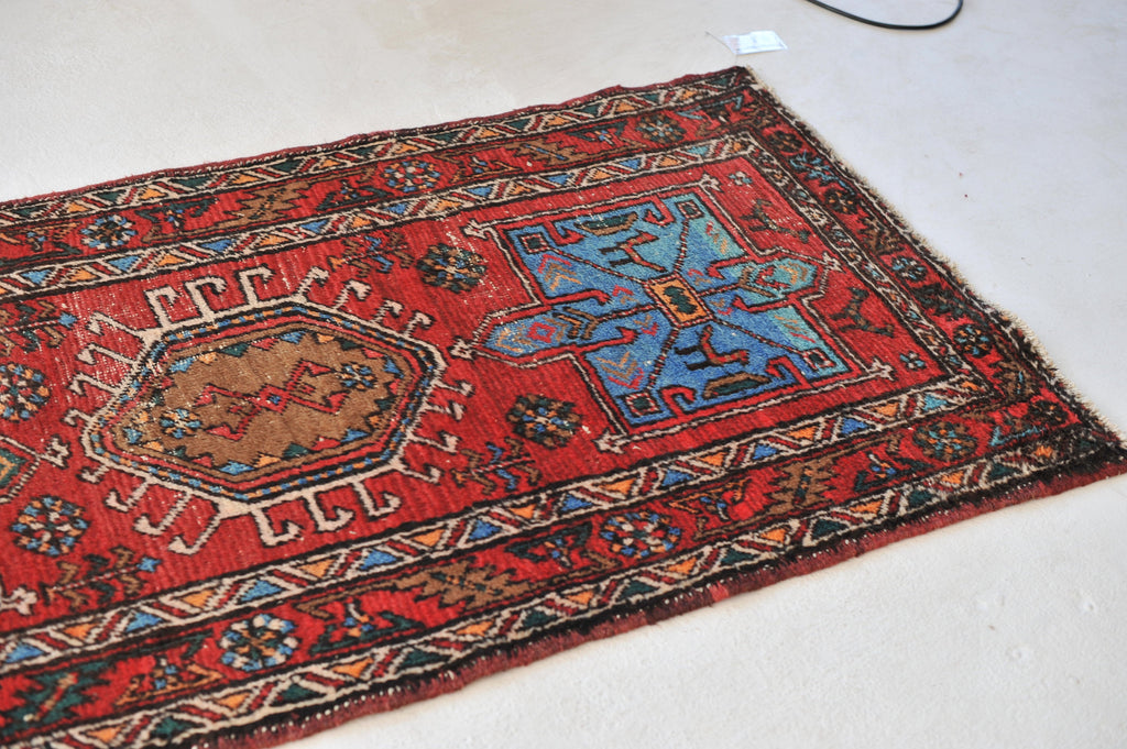 SOLD | Vintage Runner | Rich Red, Ice Blue, Forest Green, Earthy Camel Vintage Rug | 3.6 x 13.6