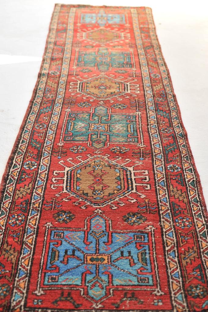 SOLD | Vintage Runner | Rich Red, Ice Blue, Forest Green, Earthy Camel Vintage Rug | 3.6 x 13.6