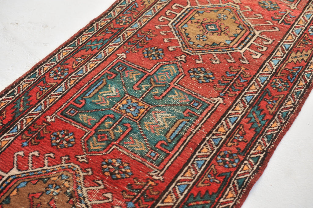 SOLD | Vintage Runner | Rich Red, Ice Blue, Forest Green, Earthy Camel Vintage Rug | 3.6 x 13.6