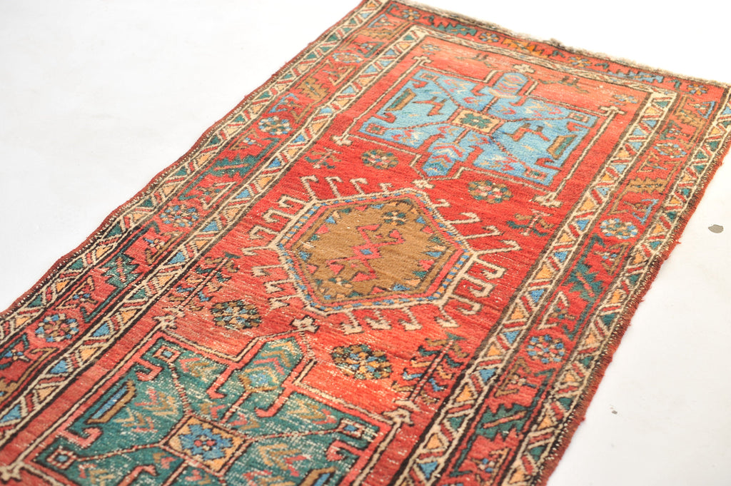 SOLD | Vintage Runner | Rich Red, Ice Blue, Forest Green, Earthy Camel Vintage Rug | 3.6 x 13.6