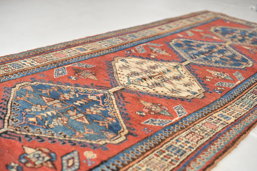 RESERVED*** Lovely Vintage Runner | Red, Blue, Camel, Teal, Beige, and Charcoal Vintage Tribal Runner | 3.7. x 11.4