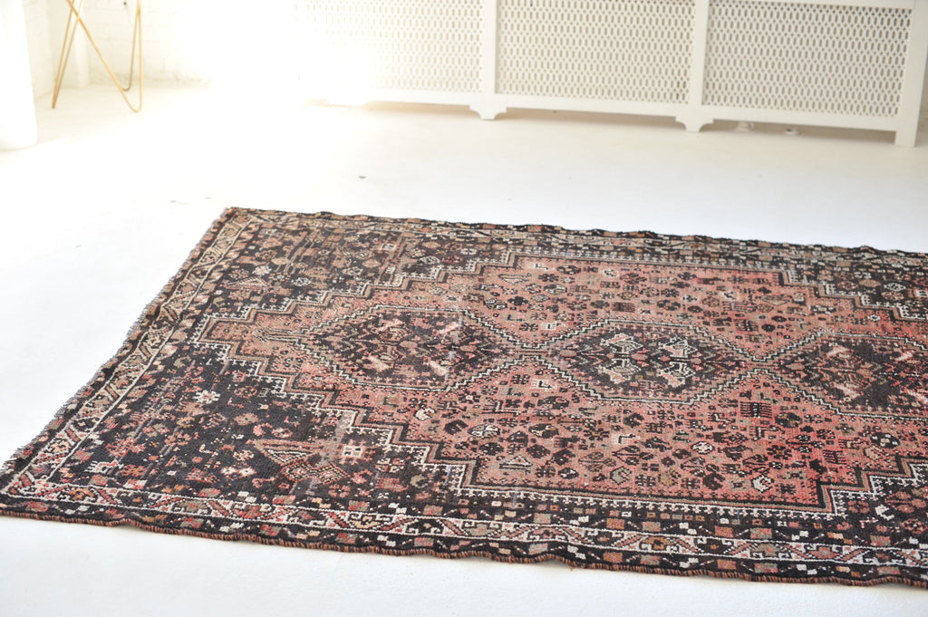 GORGEOUS Vintage Rug | Watermelon Pink and Blush with Charcoal Vintage Rug | 6.4 x 9.3