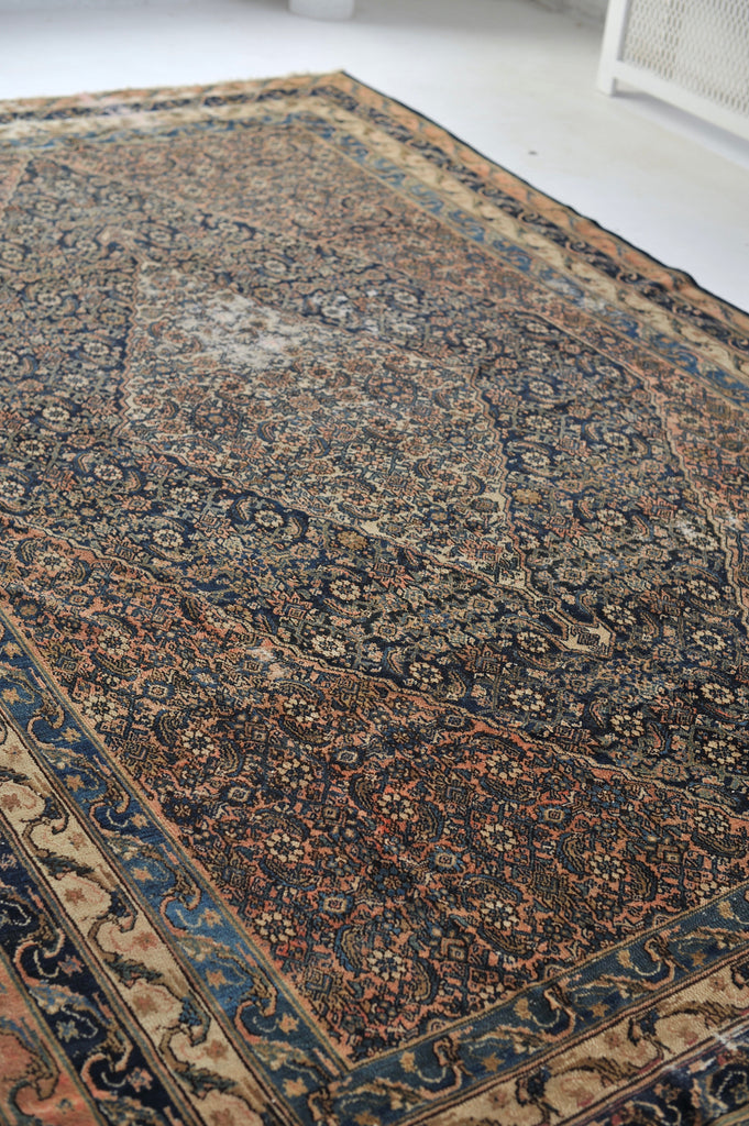 OLD WORLD Antique Rug | Ancient Pattern with Navy, Coral, Salmon, Blush and Beige | ~ 7.10 x 12.4