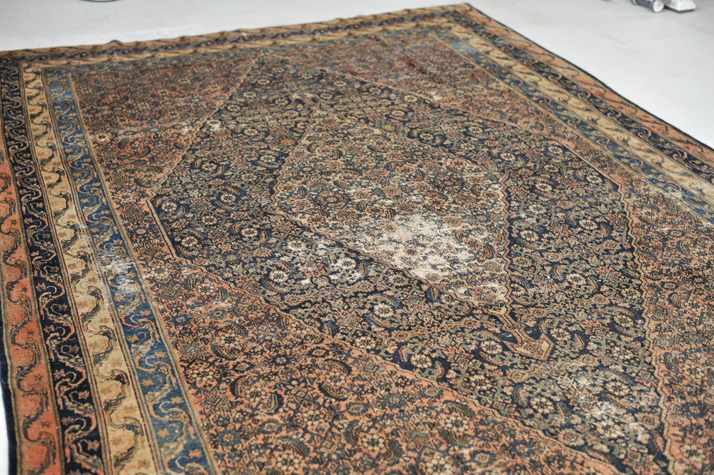 OLD WORLD Antique Rug | Ancient Pattern with Navy, Coral, Salmon, Blush and Beige | ~ 7.10 x 12.4