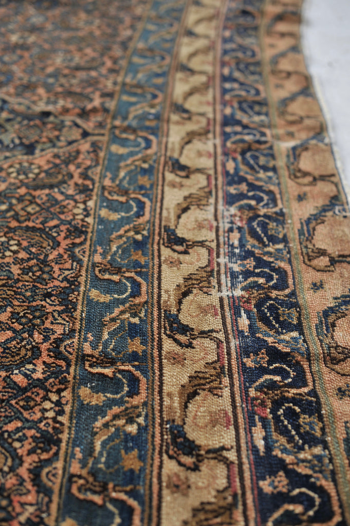 OLD WORLD Antique Rug | Ancient Pattern with Navy, Coral, Salmon, Blush and Beige | ~ 7.10 x 12.4
