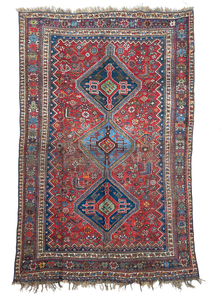 SOLD | Ancient Antique Rug | Infinitely Soulful Village Rug with Rare Blues & Greens  | 6.9 x 10