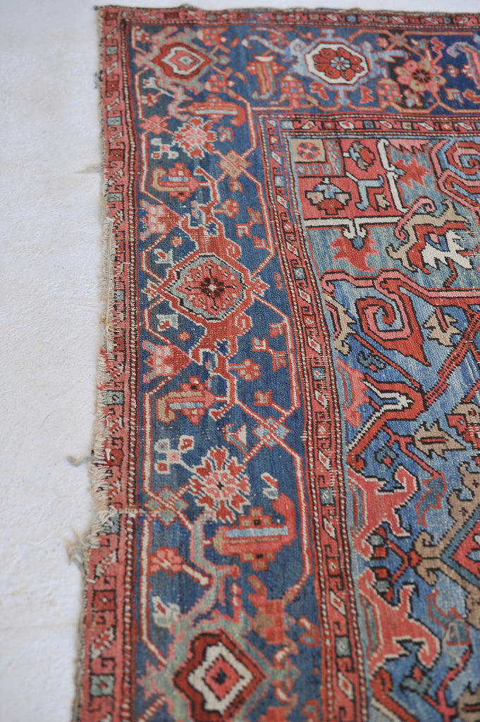 SOLD | SHOW-STOPPING Antique Heriz Rug | "The Most Gorgeous Online"|  Coral, Ice, Denim Tribal Masterpiece, C. 1910 | ~8.9 x 11