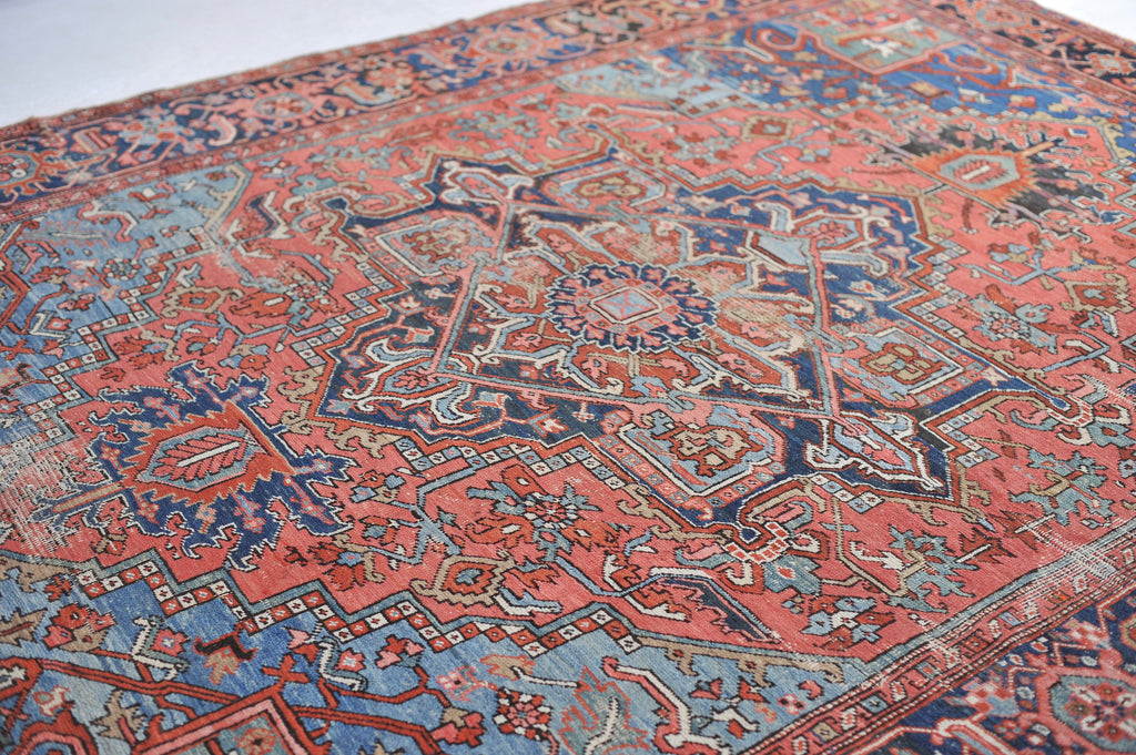 SOLD | SHOW-STOPPING Antique Heriz Rug | "The Most Gorgeous Online"|  Coral, Ice, Denim Tribal Masterpiece, C. 1910 | ~8.9 x 11